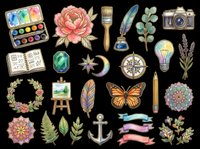 Watercolor clipart set with flowers, butterfly, camera, compass, feathers, and art tools, isolated on transparent background. Ready for stickers, t-shirts, and print on demand.