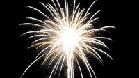 Spectacular golden fireworks burst exploding against black night sky with bright white center and radiating sparks for celebration events.