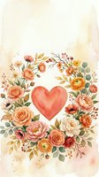 Watercolor floral wreath with a pink heart, roses, peonies, and wildflowers in warm peach and orange tones for Valentine's Day cards.