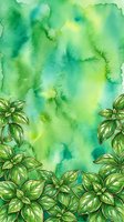Watercolor green and yellow abstract background with botanical leaf border, suitable for spring designs, nature-themed graphics, and eco-friendly projects.