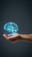 Glowing blue brain hologram floating above open cupped hands against dark background representing artificial intelligence and mental health concepts.