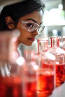 Young Asian female scientist in protective eyewear examining red liquid samples in laboratory glassware. Shallow depth of field creates soft bokeh background.