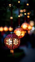 Glowing ornate lantern with floral pattern illuminated at dusk, creating magical atmosphere with blurred bokeh lights in background. Perfect for festive decoration.
