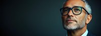 Confident mature businessman with gray hair and stylish glasses looking up thoughtfully against dark background, professional corporate portrait in panoramic format.