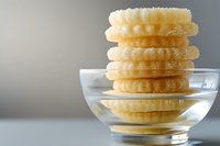 Stack of round shortbread butter cookies in glass bowl on gray background with soft natural lighting and selective focus, showcasing delicate texture and layers.