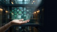 Businesswoman holding glowing green network nodes and connections above palm, representing digital transformation, data connectivity, and blockchain technology in modern corporate environment.