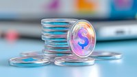 Stack of silver dollar coins with glowing holographic dollar symbol on blurred background, representing digital currency and financial technology concept.