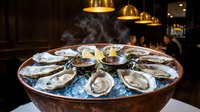 Fresh oysters on ice served in a copper bowl with lemon and dipping sauces, steaming in an elegant restaurant setting.