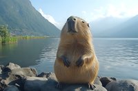 Curious capybara sitting on rocks by mountain lake, looking up with inquisitive expression against scenic landscape backdrop of peaks and calm waters.