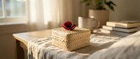 Wicker gift box with red rose on white bedding in sunlit bedroom interior for romantic occasions and home decor styling.