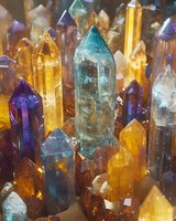 Colorful healing crystal points collection featuring amethyst, citrine, and aquamarine specimens in vibrant purple, yellow and blue hues with natural formations.