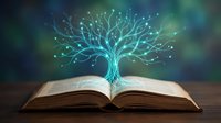 Open book with glowing tree of light emerging from pages, representing knowledge, learning, education, and digital wisdom for educational content and learning platforms.
