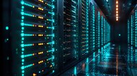 Server room with glowing blue LED lights in modern data center. Network equipment and storage systems in long corridor with dramatic lighting and reflective floor.