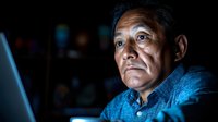 Middle-aged Asian man illuminated by blue computer screen light in dark room, wearing casual shirt, looking focused and concerned while working late at night.