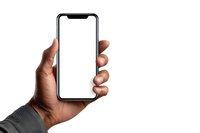 African American male hand holding modern smartphone with blank white screen against white background, mockup for app or website design.