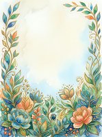 Watercolor floral frame with teal, peach, and gold botanical elements, copy space center, for greeting cards, invitations, and wall art.