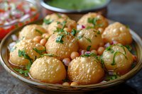 Golden fried dough balls garnished with fresh herbs, chickpeas and red onions served on ceramic plate, traditional Middle Eastern appetizer for restaurant menu.