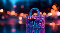 Glowing neon padlock with digital circuit pattern against blurred bokeh lights background, representing cybersecurity and digital protection concept.
