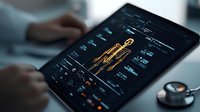 Digital medical interface on tablet screen showing patient data and human body scan with vital signs monitoring in dark blue tones, healthcare technology concept.