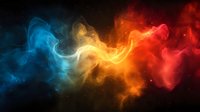 Vibrant colorful smoke waves flowing through dark space, transitioning from cool blue to warm yellow and fiery red, creating dynamic abstract art background.