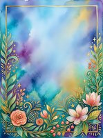 Watercolor gradient background with decorative floral border frame featuring ornamental flowers, leaves, and gold accents. Isolated design element suitable for invitations, greeting cards, and creative projects.