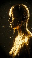 Golden liquid human figure dripping with honey or molten gold against dark starry background for luxury branding and premium product advertising.