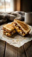 Golden grilled cheese sandwich with melted cheddar and crispy bacon on rustic wooden table. Comfort food breakfast or lunch meal with cozy home atmosphere.