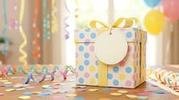 Colorful polka dot gift box with yellow ribbon and blank heart tag surrounded by party decorations and confetti for celebrations and special occasions.