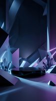 Futuristic crystal podium display with geometric shapes and purple blue gradient lighting for product presentation and modern design showcase.