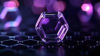 Glowing hexagonal crystal structure with purple bokeh lights on dark reflective surface creates futuristic sci-fi atmosphere. Suitable for technology concepts.