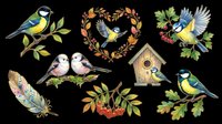 Colorful songbirds clipart set with titmice, birdhouse, heart wreath, berries, and feather, isolated on transparent background, ready for stickers, T-shirts, and print on demand.