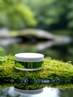 Cosmetic cream jar on green moss with water reflection, natural skincare concept in forest environment. Organic beauty product photography.