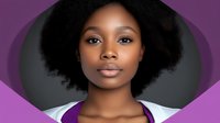 Young African American woman with natural afro hairstyle and minimal makeup wearing white top against dark background, looking directly at camera with confident expression.
