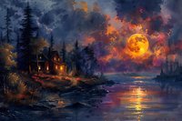 Rustic cabin by lake under dramatic night sky with full orange moon and fiery clouds reflecting on water surface.