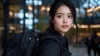 Young Asian woman with backpack in urban evening setting with bokeh city lights background for travel and lifestyle concepts.