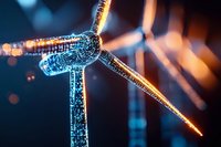 Futuristic wind turbine with glowing digital circuit pattern against dark background, representing renewable energy technology and smart power grid solutions.