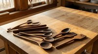 Handcrafted wooden kitchen utensils and spoons arranged on rustic cutting board in warm sunlit traditional kitchen interior for cooking and culinary design.