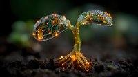 Young plant seedling sprouting from dark soil with glowing golden light effects and energy patterns symbolizing growth, life force and natural development.