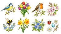 Watercolor spring collection featuring blue tit bird, colorful tulips, robin, pink blossoms, bee, daffodils, forget-me-nots, ladybug and daisy flowers isolated on white background for design projects.