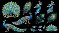 Peacock bird isolated elements collection with full display, side profile, feathers and tail plumes on transparent background. Ready for t-shirt design, clipart, stickers, sublimation and print-on-demand projects.