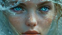Young woman with bright blue eyes, freckles and glowing magical sparkles on face in ethereal turquoise atmosphere, fantasy portrait with mystical dreamy expression.