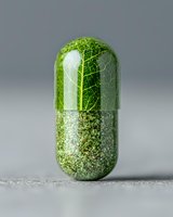 Medical capsule filled with green leaf and natural powder on gray background, representing herbal medicine and alternative healthcare supplements for wellness concept.