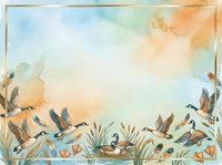 Watercolor autumn wetland scene with migrating geese flying over marsh grasses and reeds, warm orange and blue sky background for seasonal nature designs.