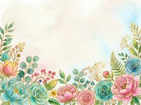 Soft watercolor floral border with pink and teal roses, gold accents, and green leaves on a pastel background for cards and invitations.