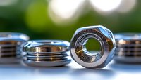 Chrome metal hex nuts arranged in row with selective focus on center nut showing thread detail against blurred background, macro photography for industrial design.