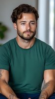 Confident young Caucasian man with beard and dark curly hair wearing green t-shirt poses for portrait. Tattoos on arms visible against soft background lighting.