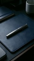 Black pen resting on closed navy leather notebook with coffee cup and desk accessories on dark surface for business and office workspace concepts.
