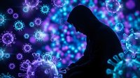 Silhouette of person surrounded by colorful virus particles in purple and blue tones. Medical concept showing pandemic impact on mental health and isolation.