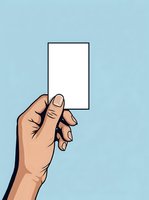 Hand holding blank white card against light blue background, suitable for advertising, marketing campaigns, and promotional materials.