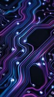Futuristic circuit board with glowing purple and blue pathways, electronic connections and bright nodes for technology and digital innovation concepts.